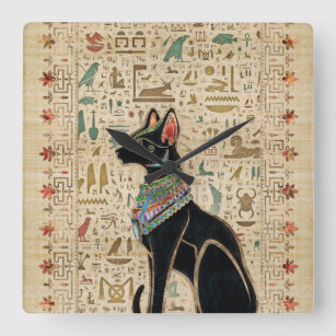 Ägyptische Katze - Bastet auf Papyrus Quadratische Wanduhr