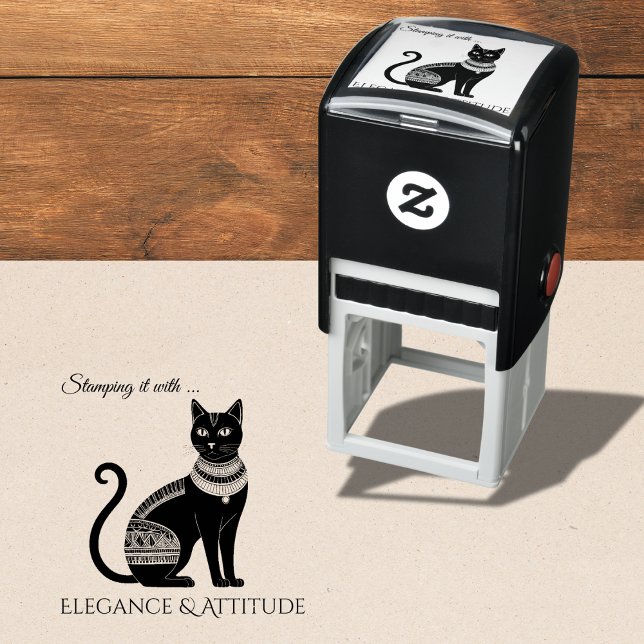 Ägyptische Katze Elegant und Attitude Permastempel (A rubber stamp with Egyptian black cat design and caption 'Stamping it with elegance & attitude")