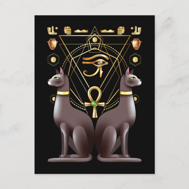 Ägyptische Katze Horus Eye Ankh Heilige Geometrie Postkarte (Vorderseite)