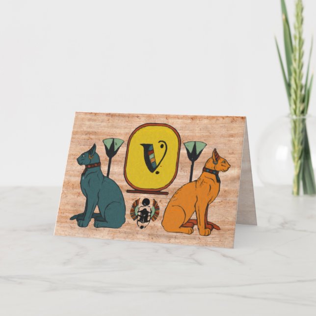 Ägyptische Katzecartouche-Monogramm-Gruß-Karte: V (Vorderseite)