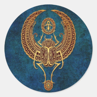 Ägyptischer Scarab-Käfer mit Ankh - blau Runder Aufkleber