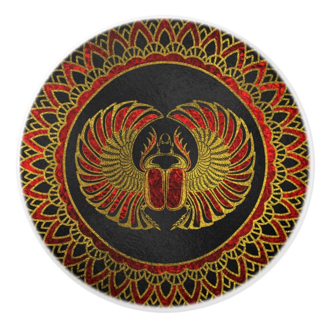Ägyptischer Scarabäus-Käfer - Gold und rotes Keramikknauf (Vorderseite)