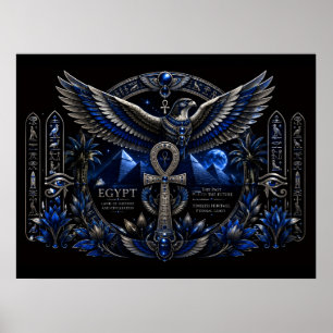 Ägyptisches Erbe Blau Silber Ankh Flügel Wandkunst Poster