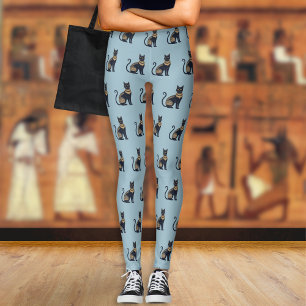 Ägyptisches Schwarzkatzen-Muster in staubigem Blau Leggings