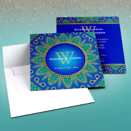 Ägyptisches Sonnensparkle-Aquamarines Goldmonogram Einladung