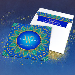 Ägyptisches Sonnensparkle-Aquamarines Goldmonogram Einladung