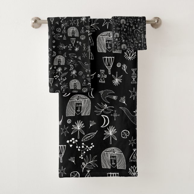Ägyptisches Zaubersymbolismus-Muster Schwarz-weiß Badhandtuch Set (Insitu)