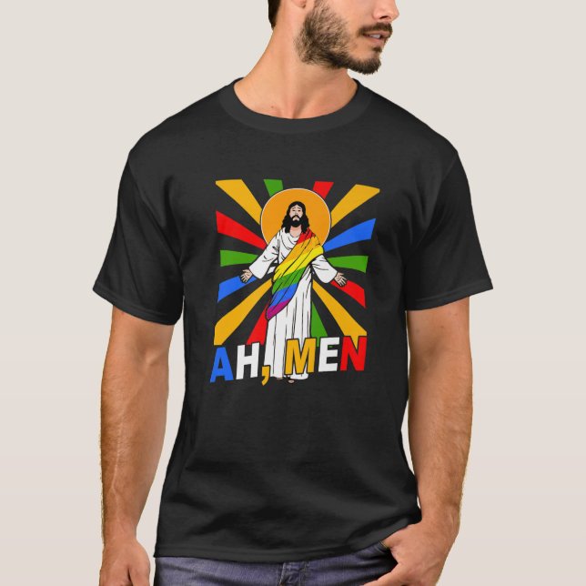 Ah Männer Funny LGBT Gay Pride Jesus Rainbow Flag  T-Shirt (Vorderseite)