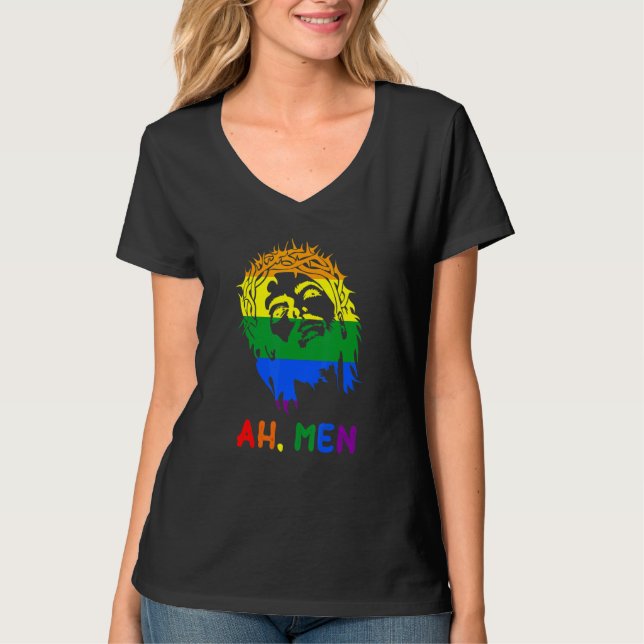Ah Männer Rainbow LGBTQ Pride Flag Gay Jesus Chris T-Shirt (Vorderseite)