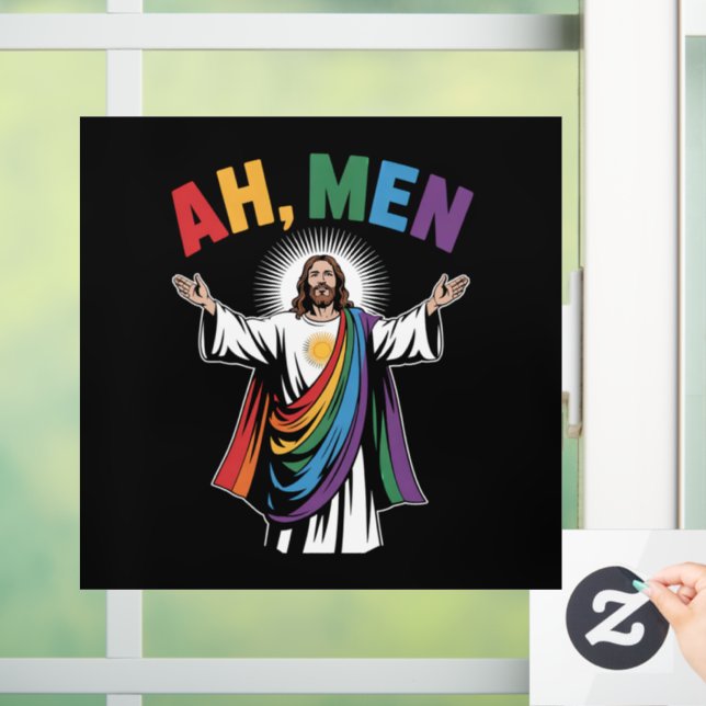 Ah Men Funny Jesus LGBTQ Gay Pride Rainbow Fensteraufkleber (Zuhause)