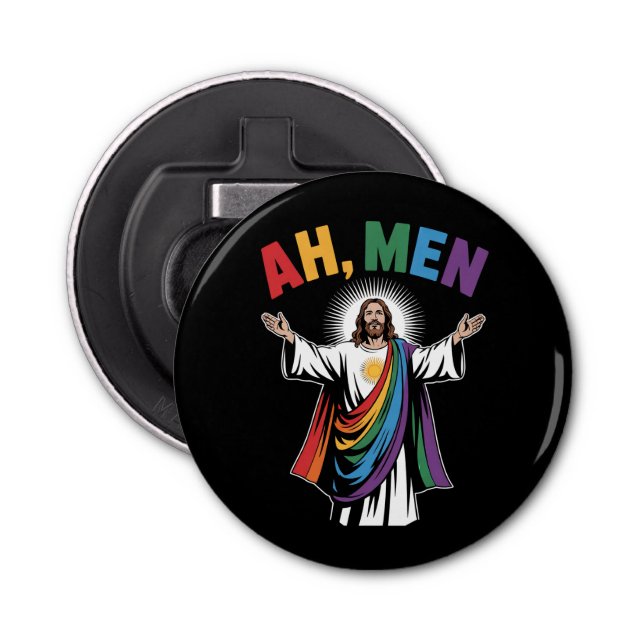 Ah Men Funny Jesus LGBTQ Gay Pride Rainbow Flaschenöffner (Vorderseite)