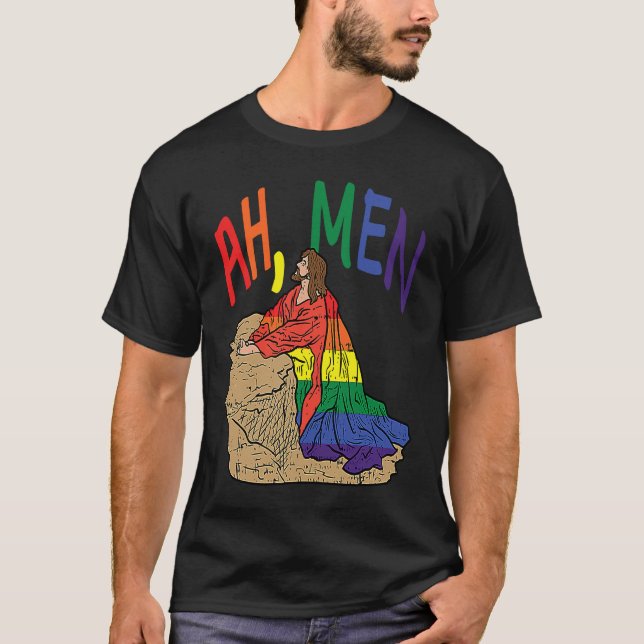 Ah Men  LGBT Gay Pride Jesus Prayer Rainbow Flag T-Shirt (Vorderseite)