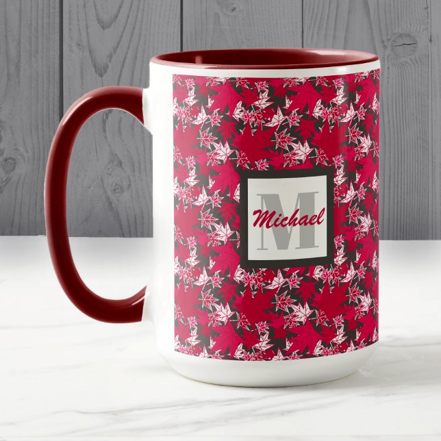 Ahorn-Blätter auf einer kohlebasierten Hintergrund Tasse (Red and White Maple Leaves on Charcoal - Mug - By The Canadian Outpost Shop)