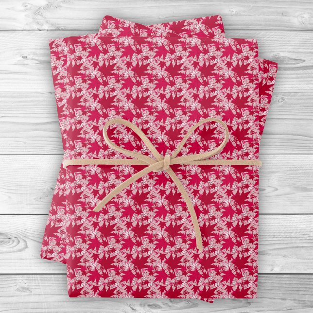 Ahorn-Blätter auf rosa Hintergrund Geschenkpapier Set (Maple Leaves on a Pink Background Wrapping Paper Sheets by The Canadian Outpost Shop)