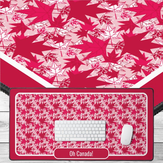 Ahorn-Blätter auf rosa Hintergrund Schreibtischunterlage (Maple Leaves - Red and White on Pink-Desk Mat by The Canadian Outpost Shop)