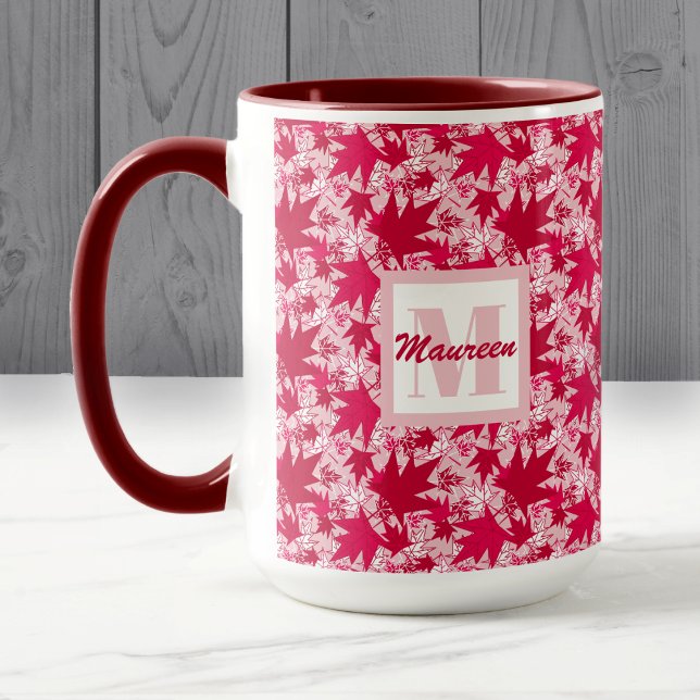Ahorn-Blätter auf rosa Hintergrund Tasse (Red and White Maple Leaves on a pink background - Mug - by The Canadian Outpost)
