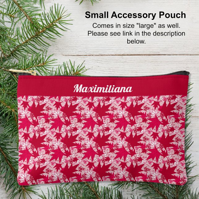 Ahorn-Blätter auf Rosa - KLEINER Zubehörbeutel Zubehörtasche (Red and white Maple Leaves on Pink - SMALL Accessory Pouch by The Canadian Outpost shop)