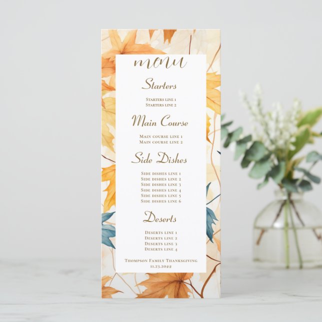 Ahorn-Blätter Dankbarer Erntedank Brunch Abendesse Menükarte (Stehend Vorderseite)