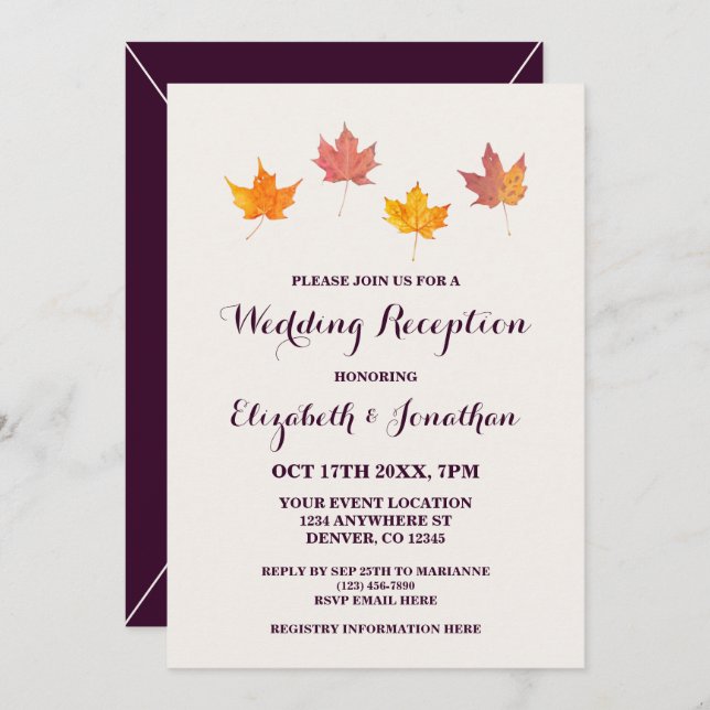 Ahorn-Blätter Hochzeit im Herbst Empfang Einladung (Vorne/Hinten)