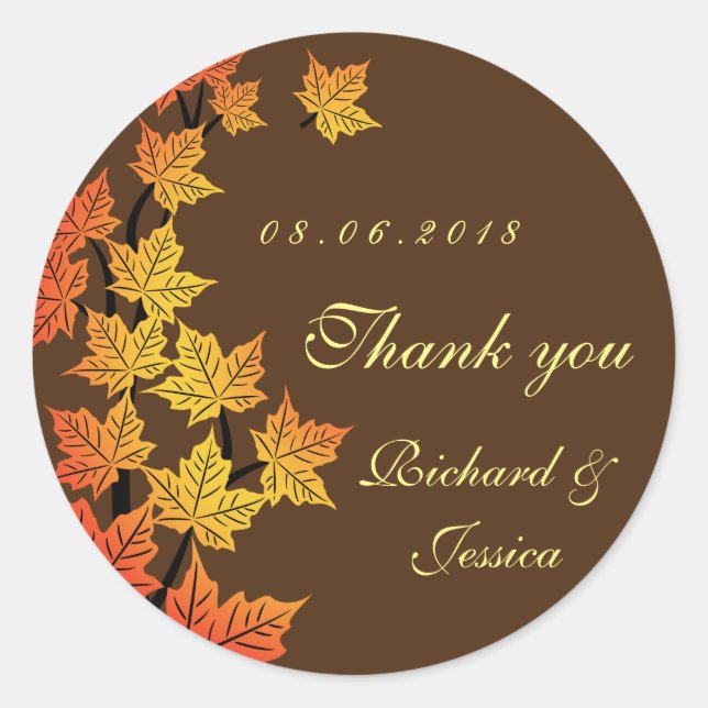 Ahornleaf Herbst Hochzeitsaufkleber Brown Runder Aufkleber (Vorderseite)
