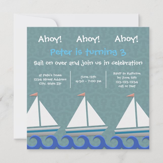 Ahoy Ahoy Ahoy 3 Sailboats - Einladung zum Geburts (Vorderseite)
