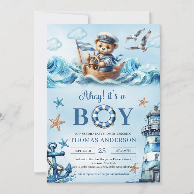 Ahoy Aquarellblau und braun Teddy Bären Segler Einladung (Vorderseite)