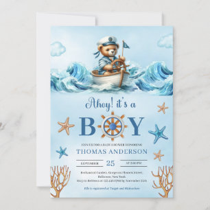Ahoy Aquarellblau und braun Teddy Bären Segler Einladung