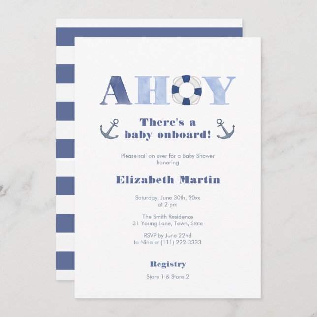 Ahoy Baby an Bord Nautical Boy Baby Dusche Einladung (Vorne/Hinten)