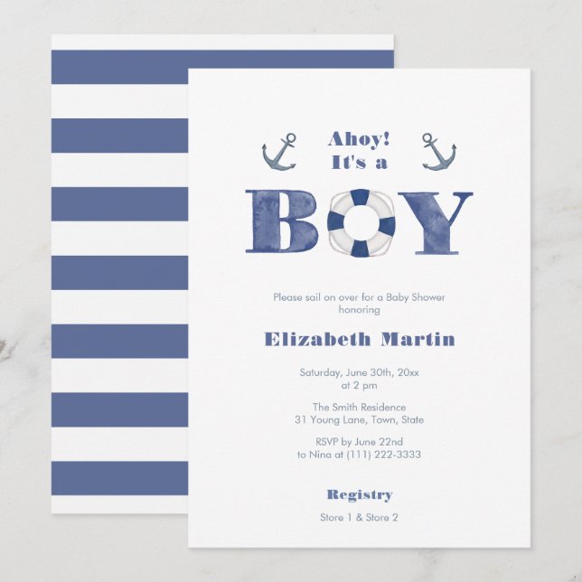 Ahoy! Baby-Dusche für Navy und White Nautical Boy Einladung (Vorne/Hinten)