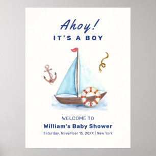 Ahoy Boy Nautical Sailboat Baby Dusche Willkommen Poster