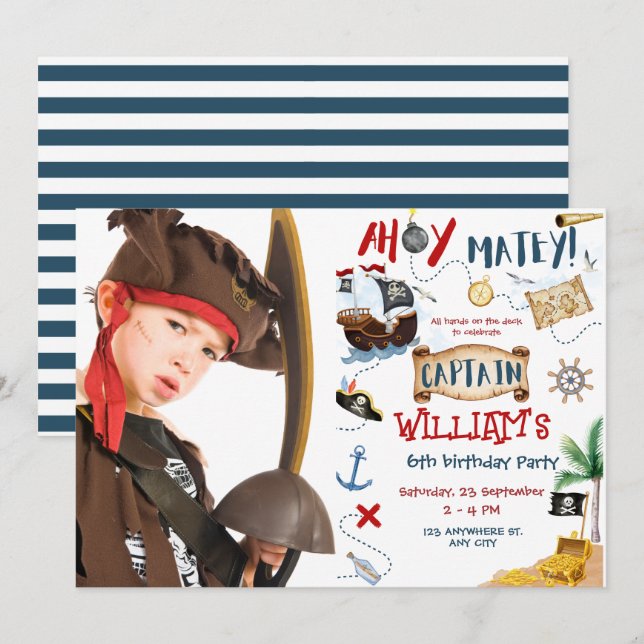 Ahoy Captain Foto Pirate Kindergeburtstag Party Einladung (Vorne/Hinten)