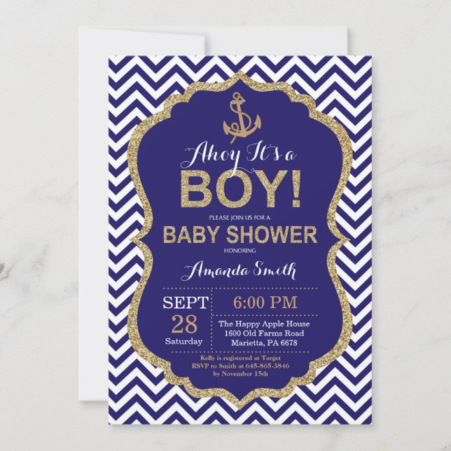 Ahoy, das ist ein Junge! Einladung zur Kinderdusch (Vorderseite)