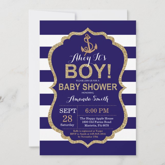 Ahoy, das ist ein Junge! Einladung zur Kinderdusch (Vorderseite)