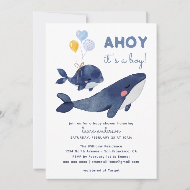 AHOY! Das ist ein Junge! Whale Mama Babydusche Einladung (Vorderseite)