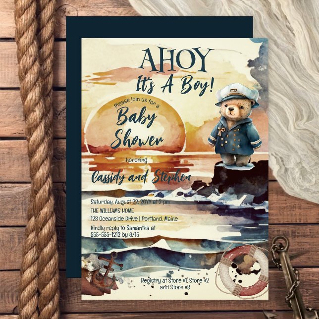 Ahoy, das ist eine Baby-Teddy-Baby-Dusche. Einladung (Ahoy It's A Boy Nautical Teddy Bear Baby Shower Invitation -- Print | Digital Download)