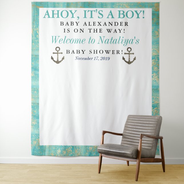 Ahoy Es ist ein Baby-Dusche Blue Ocean Nautical Wandteppich (Beispiel)