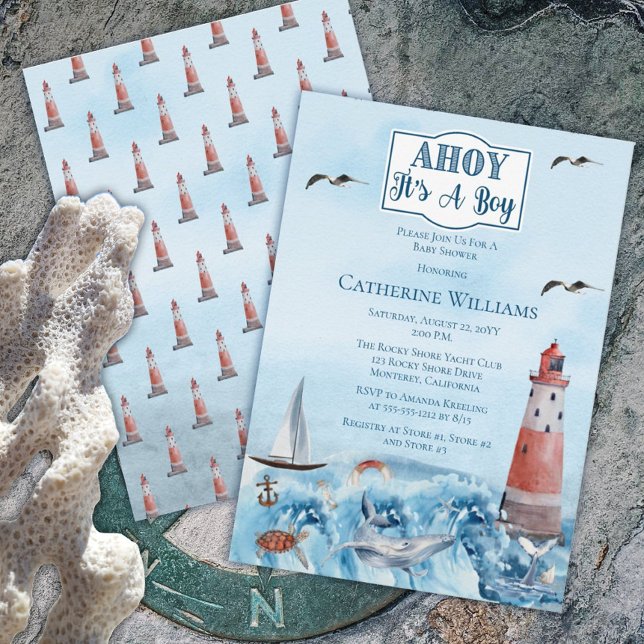 Ahoy Es ist ein Boy Lighthouse Ocean Baby Shower Einladung (Von Creator hochgeladen)