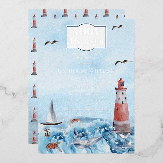 Ahoy Es ist ein Boy Lighthouse Ocean Baby Shower Folieneinladung (Vorderseite/Rückseite)