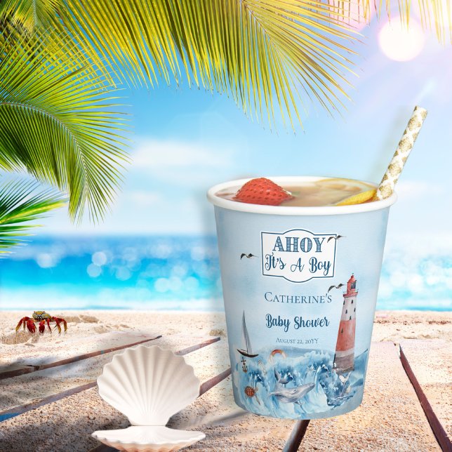 Ahoy Es ist ein Boy Lighthouse Ocean Baby Shower Pappbecher (Von Creator hochgeladen)