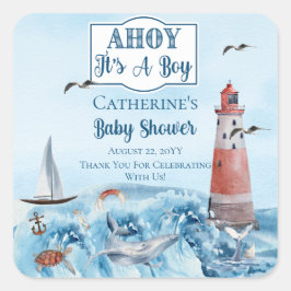 Ahoy Es ist ein Boy Lighthouse Ocean Baby Shower Quadratischer Aufkleber