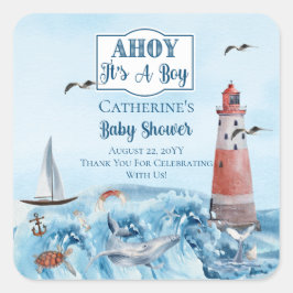 Ahoy Es ist ein Boy Lighthouse Ocean Baby Shower Quadratischer Aufkleber