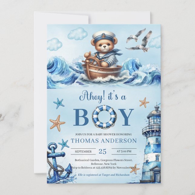 Ahoy es ist ein Junge blau und braun Teddybären Se Einladung (Vorderseite)