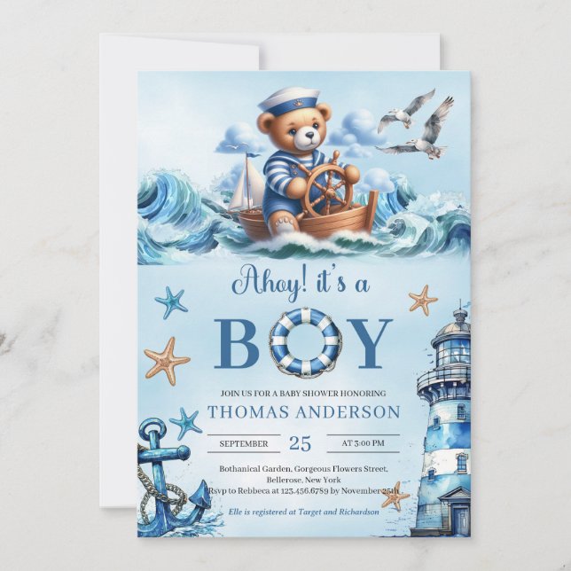Ahoy es ist ein Junge blau und braun Teddybären Se Einladung (Vorderseite)