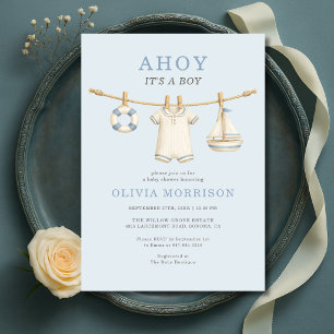 Ahoy, es ist ein Junge, blaue Wäscheleine Baby Sho Einladung