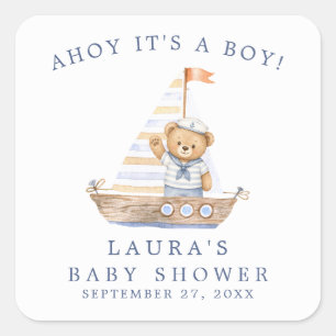 Ahoy, es ist ein Junge, nautischer Teddybär Baby S Quadratischer Aufkleber