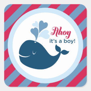 Ahoy, es ist ein Junge, Rot, Navy, Wal Quadratischer Aufkleber