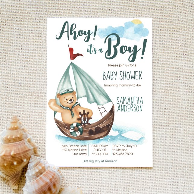 Ahoy es ist ein Junge Teddy Bär nautische Babydusc Einladung (Von Creator hochgeladen)