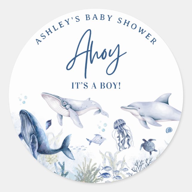 Ahoy! Es ist ein Junge, unter der Sea Boy Baby Dus Runder Aufkleber (Vorderseite)