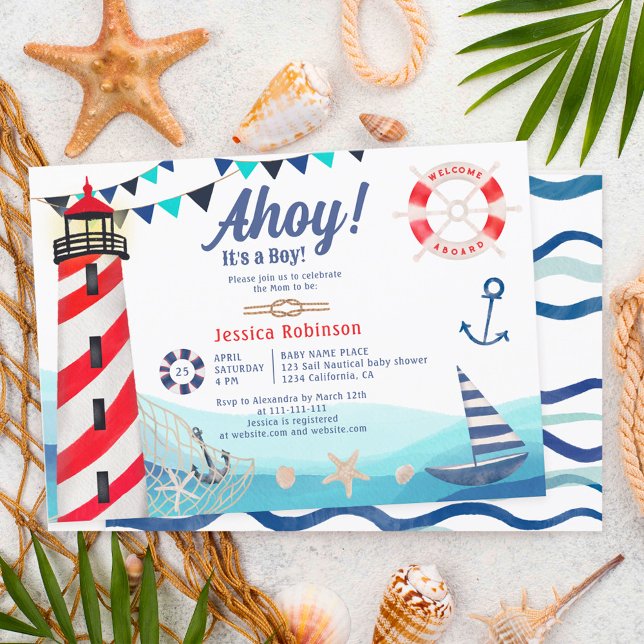 Ahoy es ist ein Junge Wasserschiff blaue rote Baby Einladung (Von Creator hochgeladen)