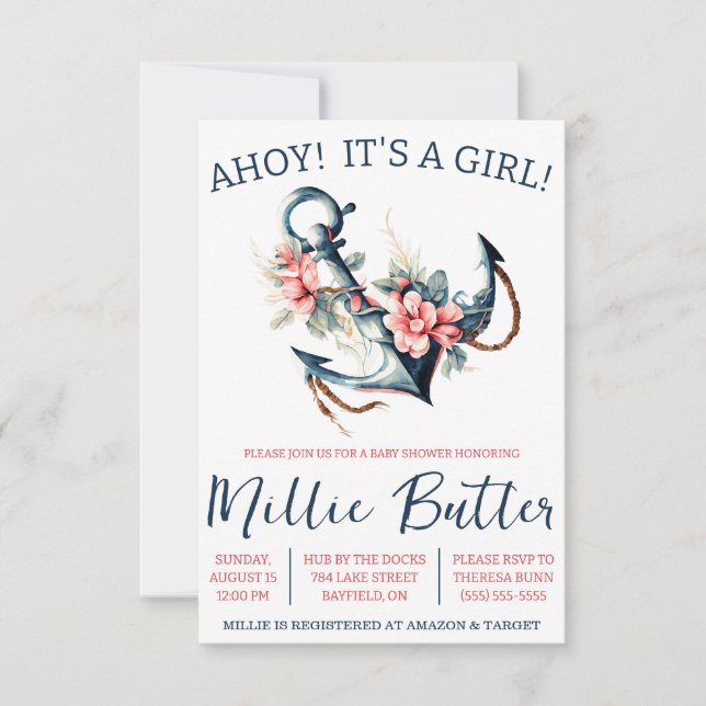 AHOY! Es ist ein MÄDCHEN! Bloral Anchor Baby Dusch Einladung (Vorderseite)